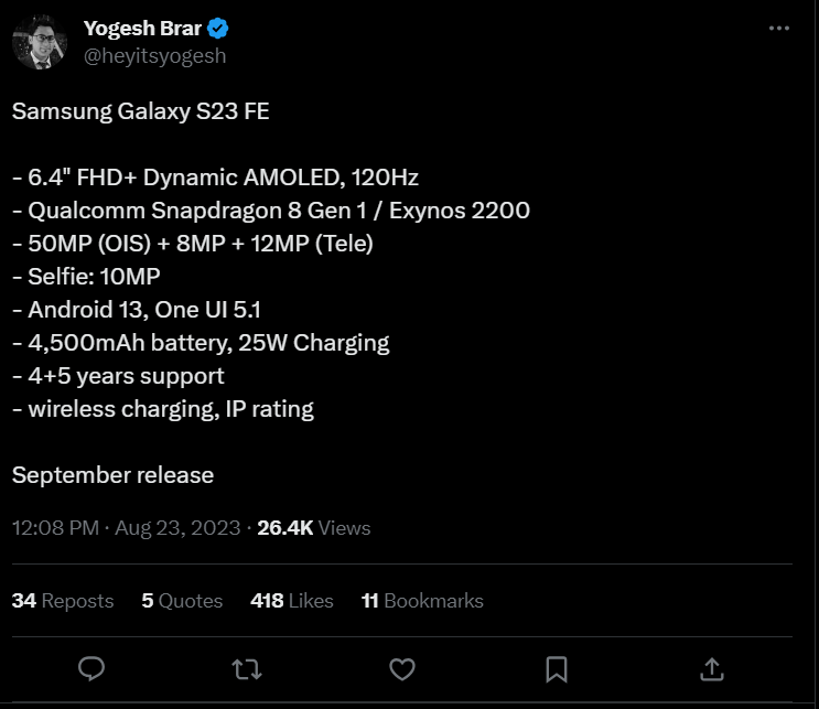 Bảng thông số kỹ thuật và thời gian ra mắt của Galaxy S23 FE theo leaker Yogesh Brar tiết lộ