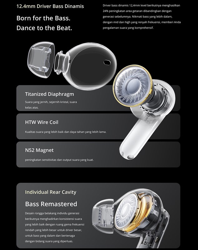 realme Buds T300 được trang bị màn loa Dynamic cho ra các dải âm cân bằng và âm thanh trong trẻo realme Buds T300 được trang bị Driver Dynamic cho ra các dải âm cân bằng và âm thanh trong trẻo