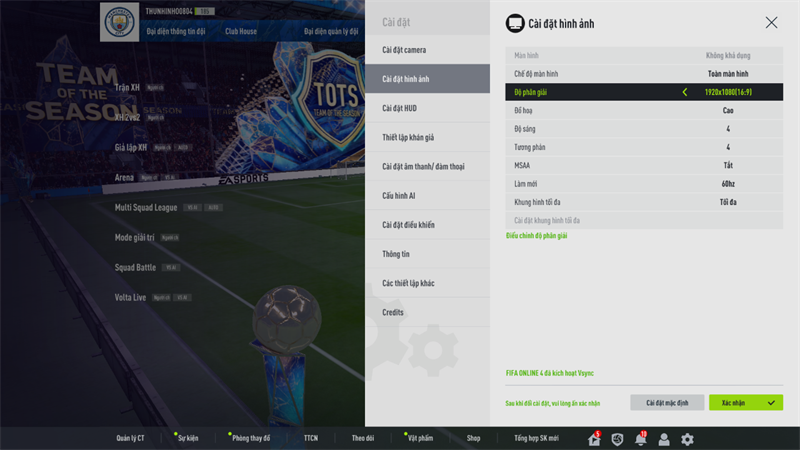 Thiết lập đồ họa trong FIFA Online 4 mà mình chỉnh để test hiệu năng ASUS Vivobook 14X OLED KM006W.