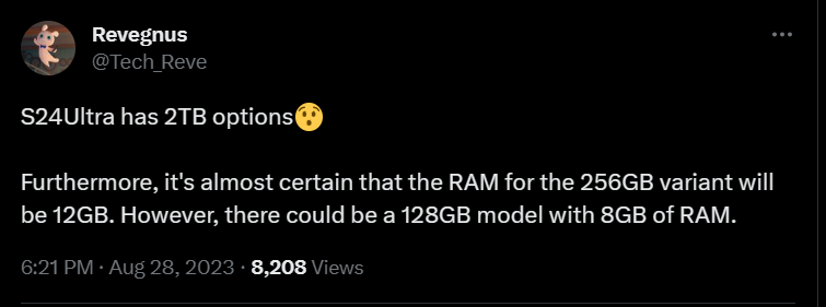 Bài đăng của @Tech_Reve trên X tiết lộ Galaxy S24 Ultra có tuỳ chọn bộ nhớ 2 TB