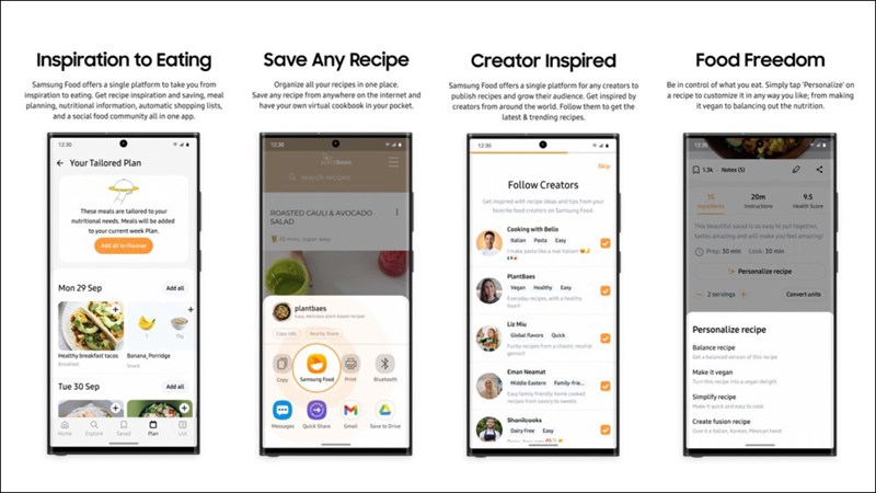Samsung Food mang đến nhiều tính năng hỗ trợ chuẩn bị thực đơn 