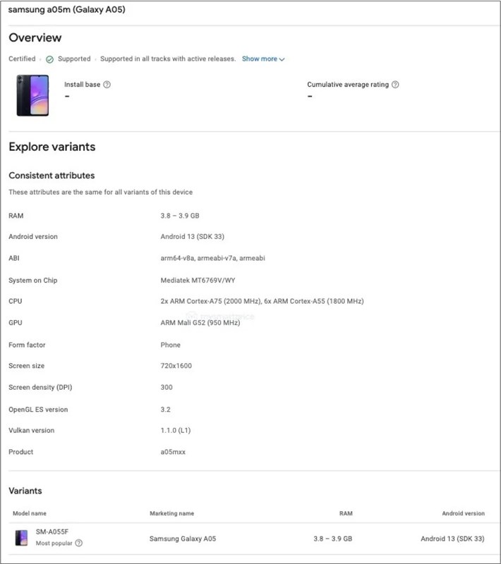 Galaxy A05 trên Google Play Console Galaxy A05 trên Google Play Console