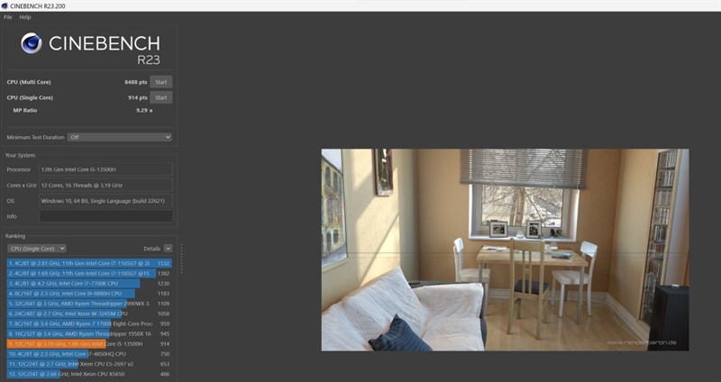 Điểm Cinebench R23 của ASUS Vivobook 14X OLED KM006W.