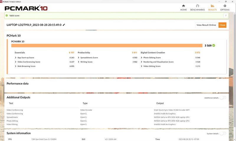 Điểm PC Mark10 của ASUS Vivobook 14X OLED KM006W.