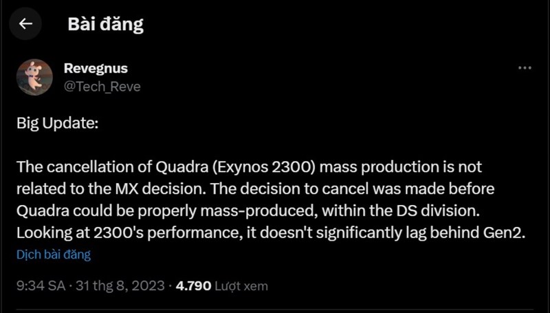 Bài viết rò rỉ về việc ngừng sản xuất chip Exynos 2300