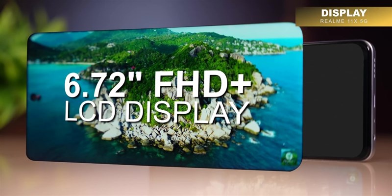 Mặt trước của realme 11x 5G được trang bị màn hình IPS LCD kích thước 6.72 inch, độ phân giải Full HD+