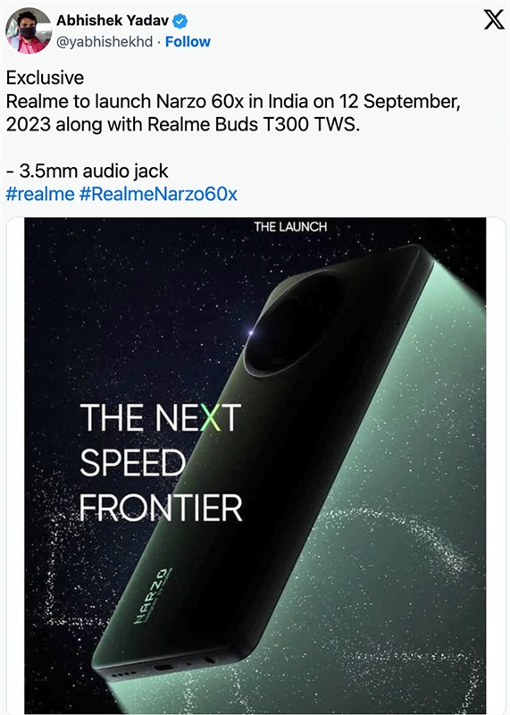 Một bài đăng trên X tiết lộ ngày ra mắt của realme Narzo 60X 5G 