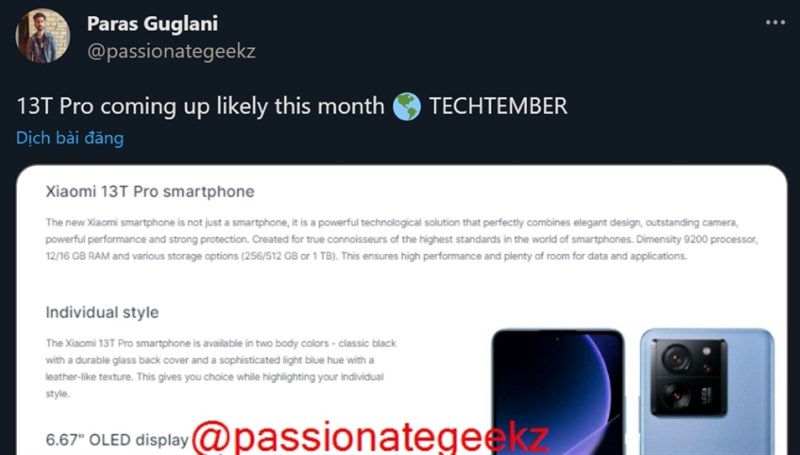 Tweet của leaker Paras Guglani