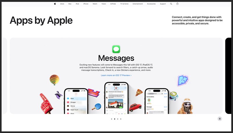 Đầu trang web sẽ có giao diện các trang trình bày để giới thiệu những ứng dụng của Apple 