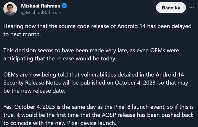 Mashaal Rahman cho biết phiên bản ổn định của Android 14 đến tháng 10 mới ra mắt