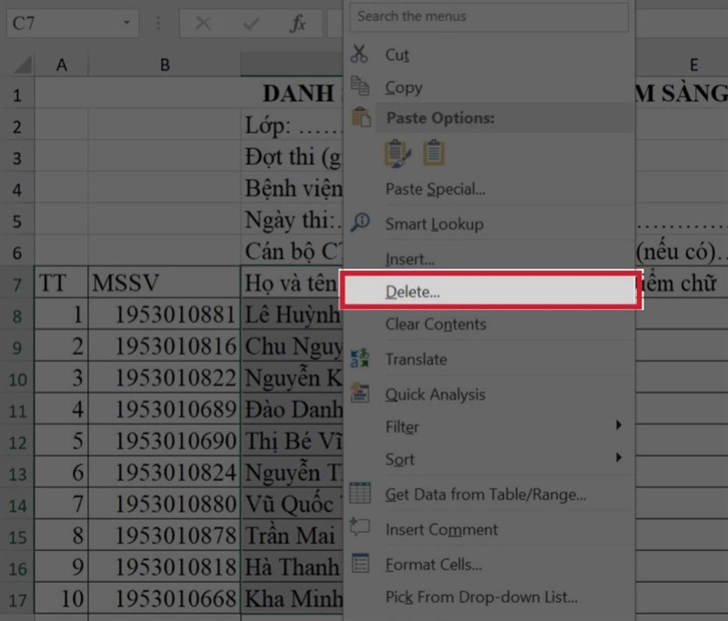Cách xóa cột trong Excel 