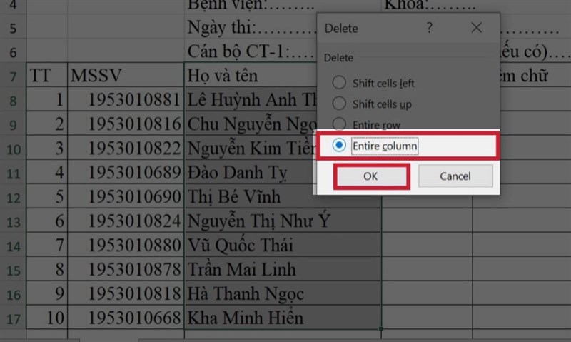 Cách xóa cột trong Excel 