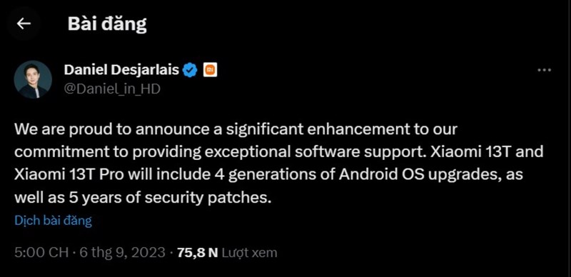 Bài đăng tuyên bố về thời gian hỗ trợ cập nhật phần mềm cho Xiaomi 13T và Xiaomi 13T Pro