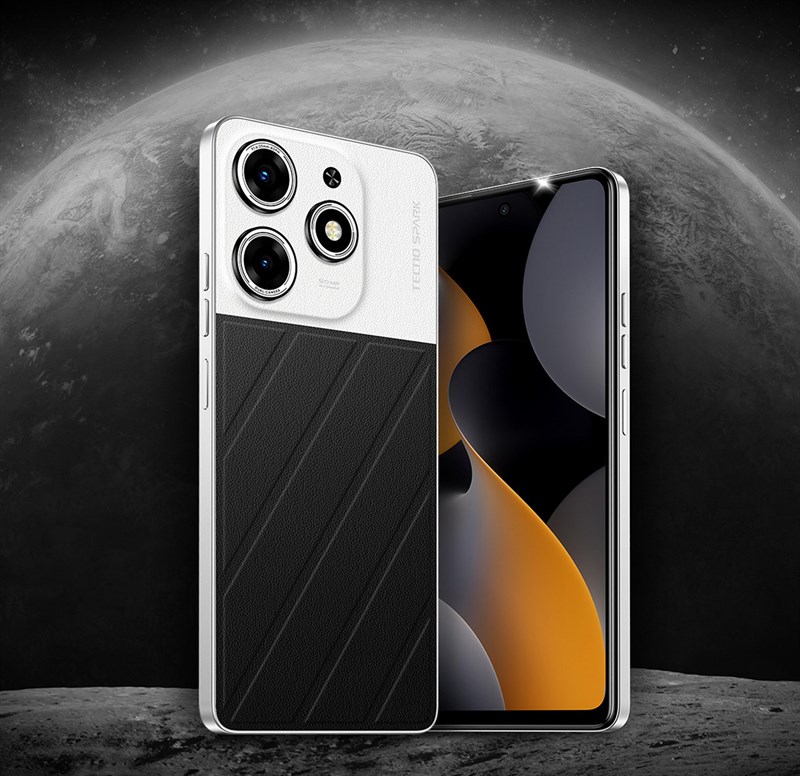 Tecno Spark 10 Pro Moon Explorer Edition có thiết kế mặt lưng được chia làm hai phần đen, trắng