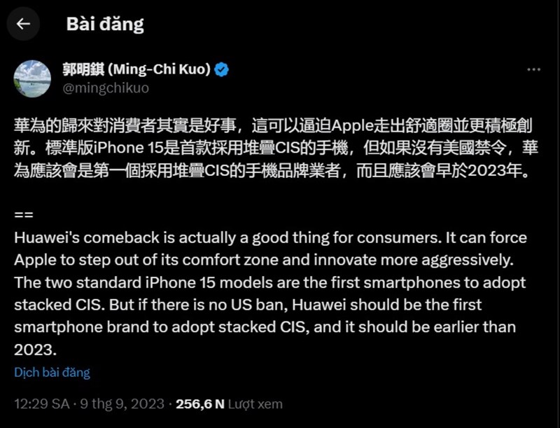 Bài viết của nhà phân tích Ming-Chi Kuo trên mạng xã hội X