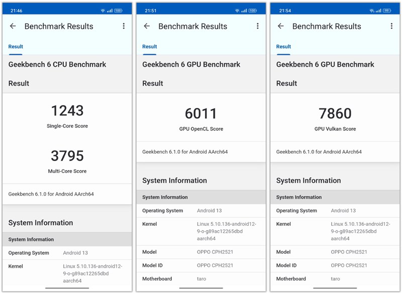 Các điểm số GeekBench 6 của OPPO Reno10 Pro+ 5G.