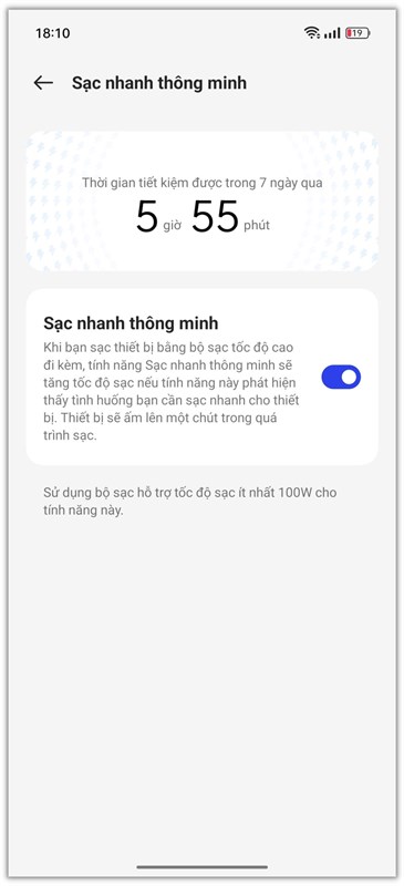 Tính năng thống kê thời gian tiết kiệm được khi sử dụng sạc nhanh trên OPPO Reno10 Pro+ 5G.