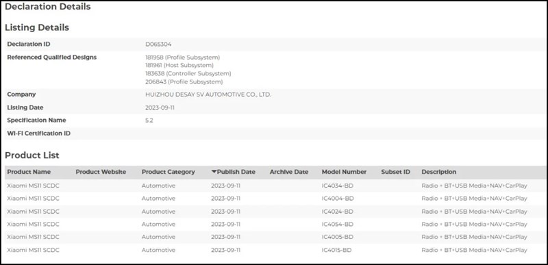 Danh sách các mẫu xe điện Xiaomi MS11 trên trang chứng nhận Bluetooth SIG Danh sách các mẫu xe điện Xiaomi MS11 trên trang chứng nhận Bluetooth SIG