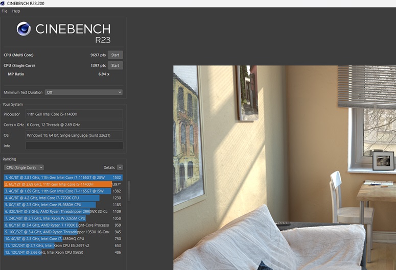 Điểm Cinebench R23 của ASUS TUF Gaming F17 FX706HF.