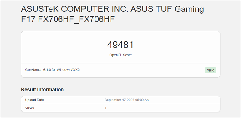 Điểm GeekBench 5 của ASUS TUF Gaming F17 FX706HF.
