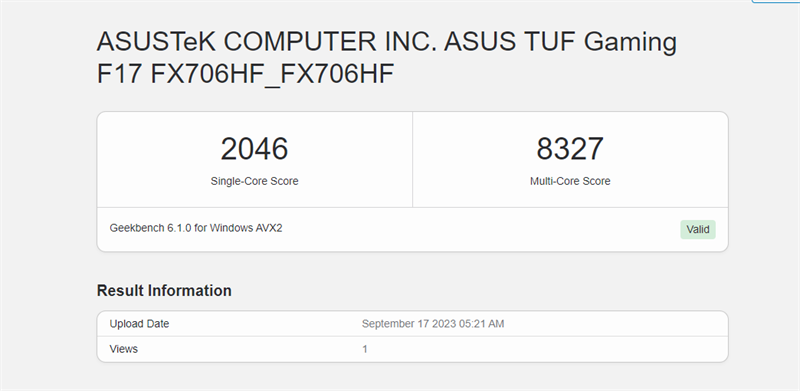 Điểm GeekBench 5 của ASUS TUF Gaming F17 FX706HF.