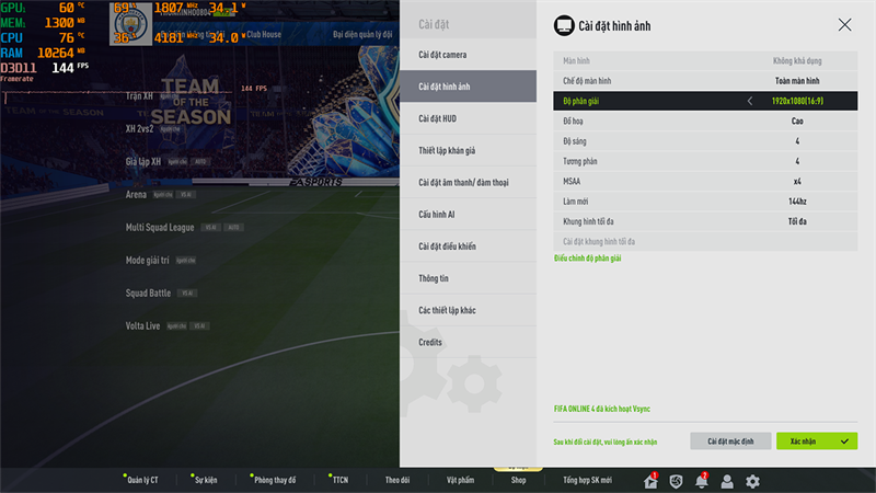 Thiết lập đồ họa trong FIFA Online 4 mà mình chỉnh để test hiệu năng ASUS TUF Gaming F17 FX706HF.