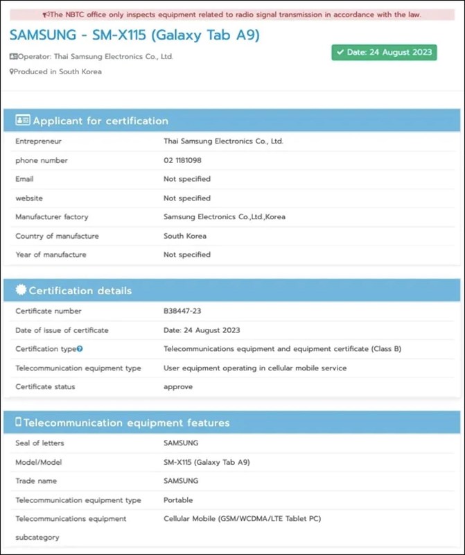 Galaxy Tab A9 xuất hiện trên trang chứng nhận NBTC