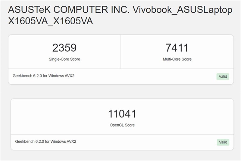 Điểm GeekBench 6 của ASUS Vivobook 16 X1605VA