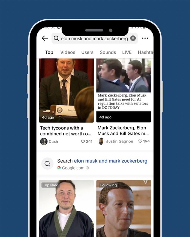 Ảnh chụp màn hình cho thấy dường như TikTok đang thử nghiệm tích hợp Google vào tính năng Tìm kiếm trong ứng dụng