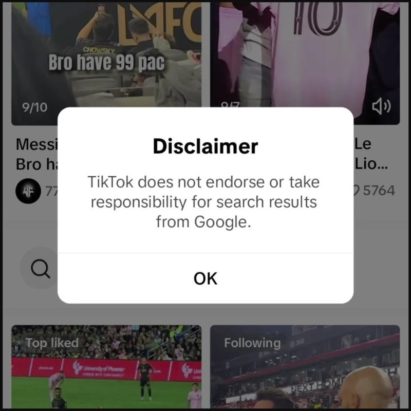 Cảnh báo của TikTok khi người dùng nhấn vào liên kết đến Google Tìm kiếm