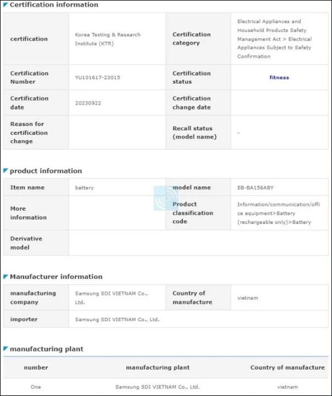 Thông tin về Samsung Galaxy A15 trên Safety Korea
