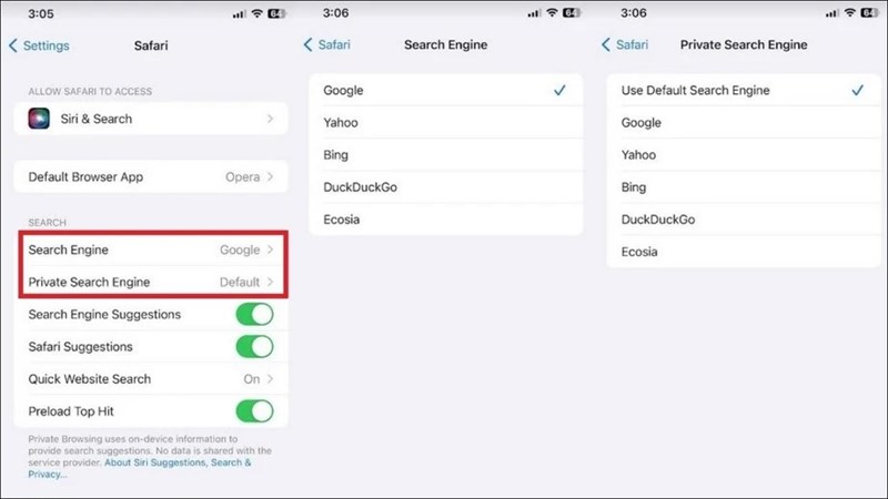 iOS 17 mang đến tùy chọn công cụ tìm kiếm cho hai chế độ duyệt web
