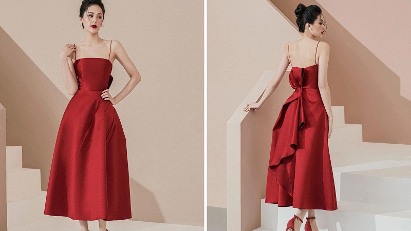 Đầm thời trang nữ mặc Tết siêu Hot chất NHUNG 2 dây cúp ngực cột nơ váy xoè màu  đỏ đô kèm áo khoác len ren tay dài y mẫu | Shopee
