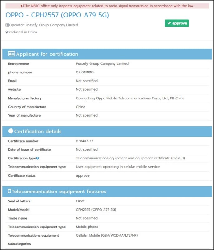 Thông tin về OPPO A79 5G trên danh sách chứng nhận NBTC Thông tin về OPPO A79 5G trên danh sách chứng nhận NBTC