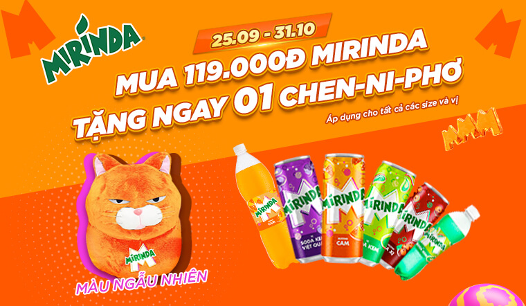 Từ 25/9 - 31/10/2023, đơn 119k Mirinda tặng mèo bông Jennifer