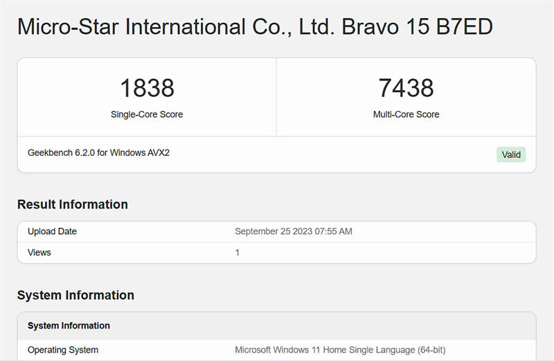 Điểm hiệu năng đơn nhân, đa nhân của MSI Bravo 15 B7ED được chấm bởi Geekbench 6