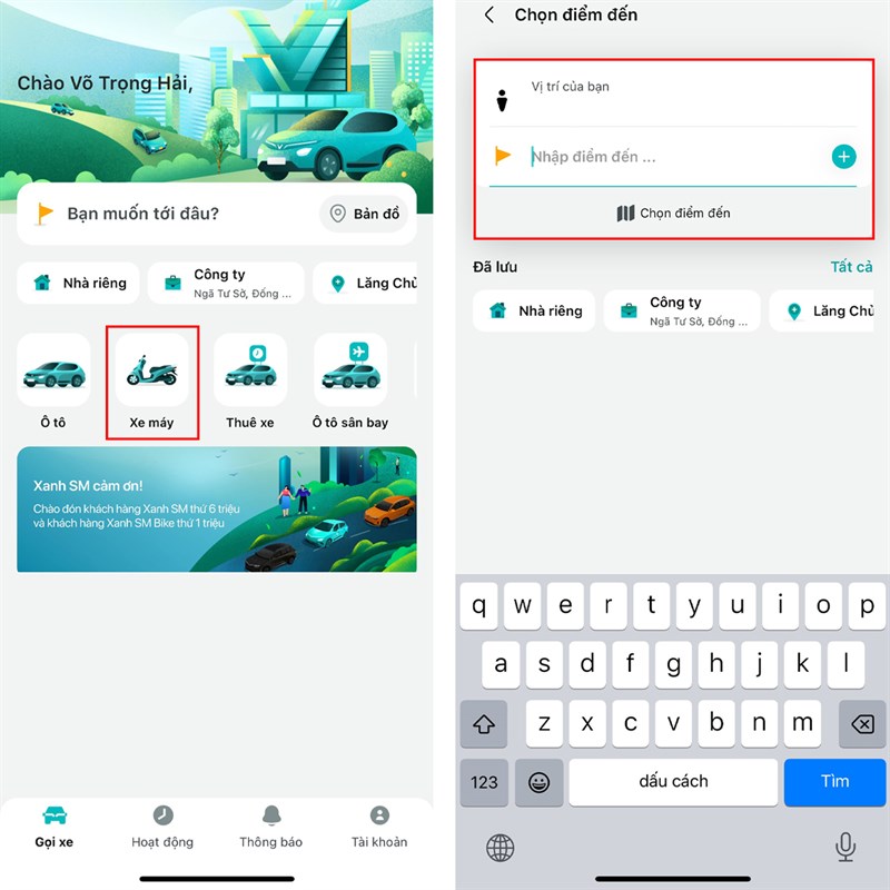 Cách đặt xe máy trên Taxi Xanh SM