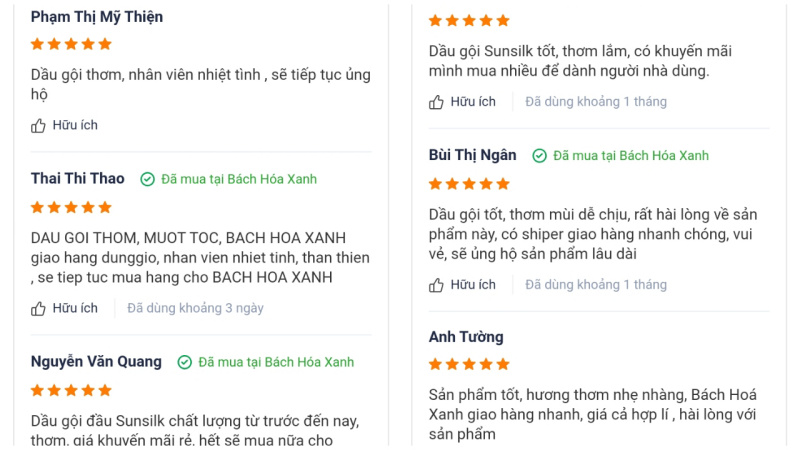 Đánh giá của khách hàng về sản phẩm dầu gội Sunsilk óng mượt rạng ngời