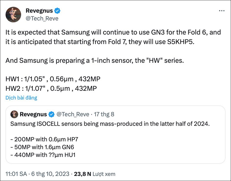 Bài đăng của leaker về thông tin của các cảm biến camera mà Samsung đang phát triển
