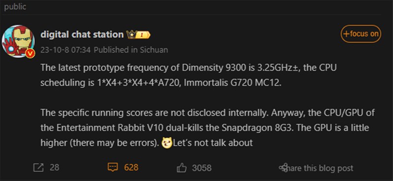 Bài đăng của Digital Chat Station về chip Dimensity trên Weibo
