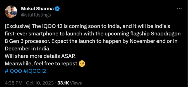 Bài đăng trên X của Mukul Sharma tiết lộ thời điểm ra mắt của iQOO 12