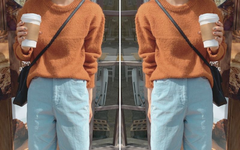 Áo sweater cam phối cùng quần jeans