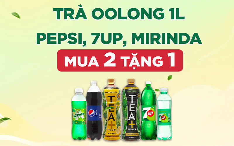 Từ 13/10 - 26/10/2023, trà Oolong, Pepsi, 7up, Mirinda mua 2 tặng 1 Từ 13/10 - 26/10/2023, trà Oolong, Pepsi, 7up, Mirinda mua 2 tặng 1