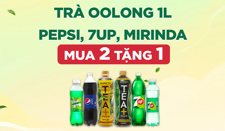 Từ 13/10 - 26/10/2023, trà Oolong, Pepsi, 7up, Mirinda mua 2 tặng 1