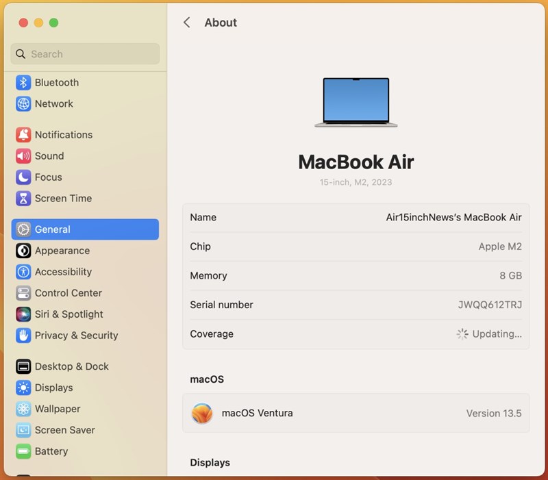 Trước khi cập nhật, MacBook Air 15 inch M2 của mình chạy macOS 13.5 Ventura.