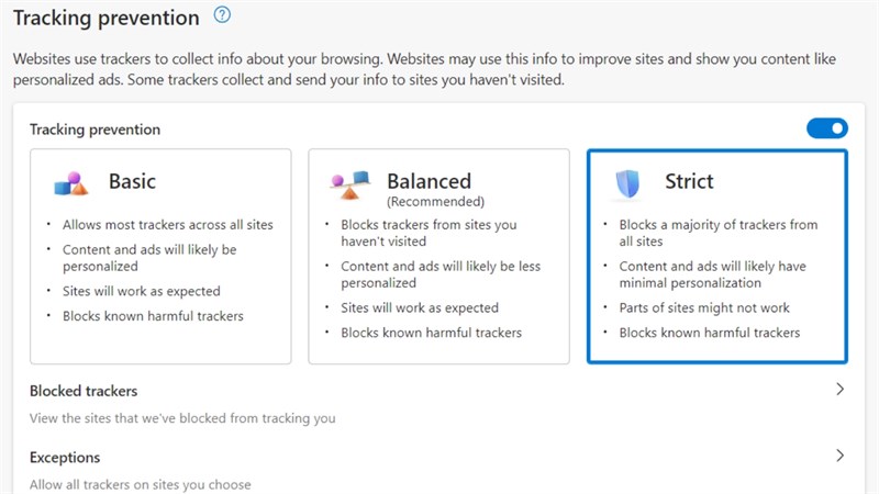 Microsoft Edge cung cấp ba chế độ bảo vệ theo dõi để tăng cường quyền riêng tư của người dùng Microsoft Edge cung cấp ba chế độ bảo vệ theo dõi để tăng cường quyền riêng tư của người dùng