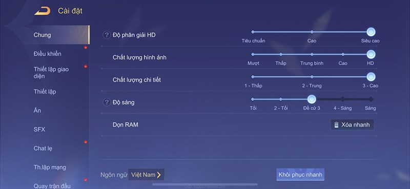 Thiết lập đồ họa Liên Quân Mobile mà mình áp dụng cho bài test pin iPhone 14 Pro Max sau 1 năm