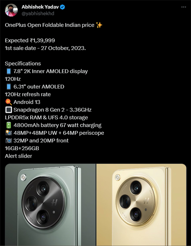 Bài đăng trên X của Abhishek Yadav tiết lộ giá bán và các thông số kỹ thuật của OnePlus Open