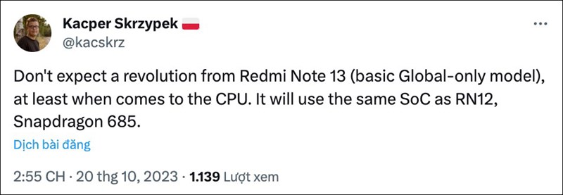 Bài đăng trên X về rò rỉ của Redmi Note 13 4G Bài đăng trên X về rò rỉ của Redmi Note 13 4G
