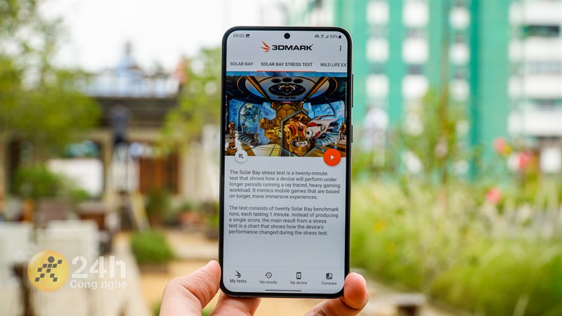 Galaxy S23+ của mình đã gặp đôi chút khó khăn khi thực hiện bài test 3DMark Solar Bay Stress Test.